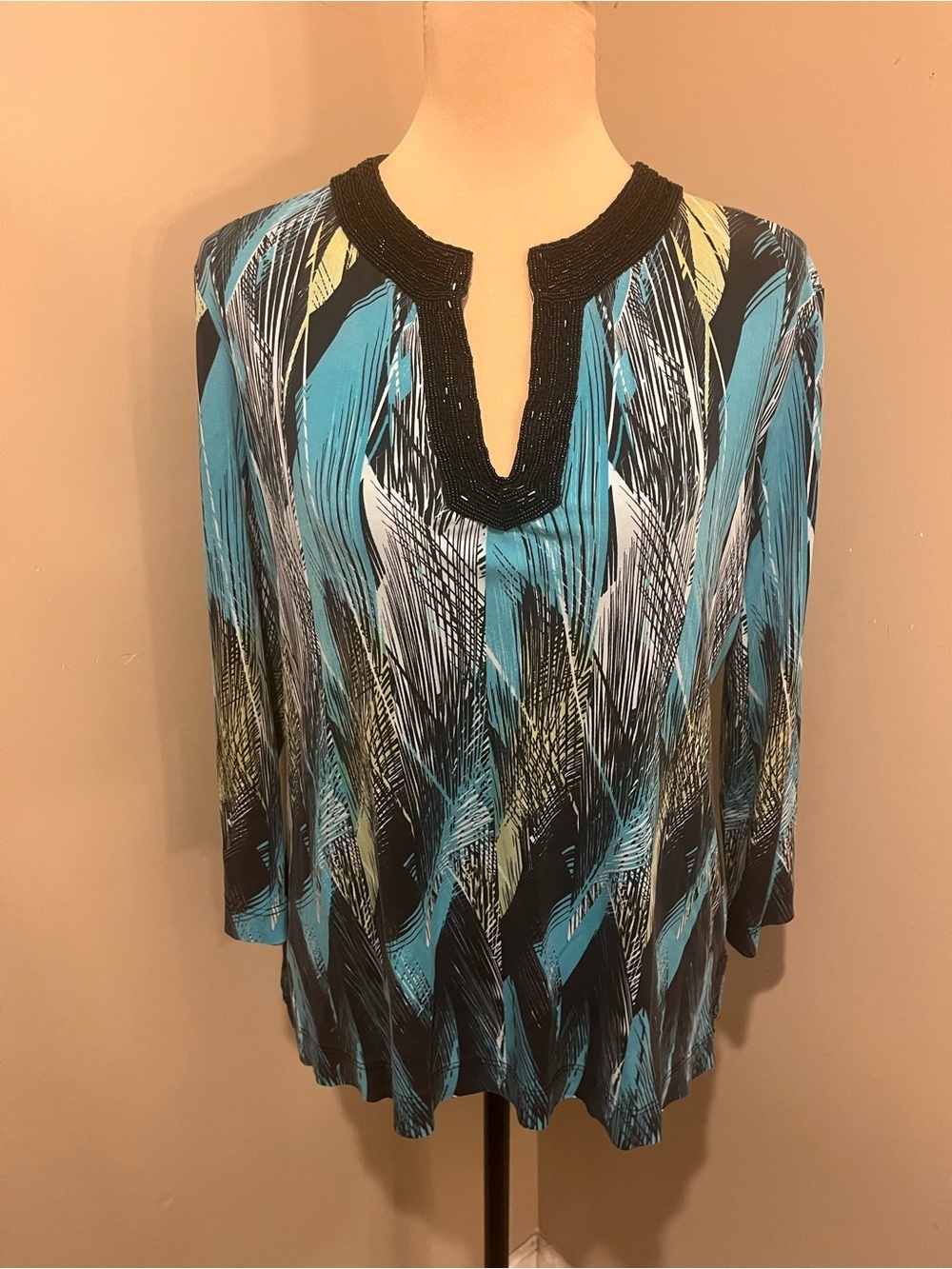 Etcetera Turquoise Patterned Deep V-Neck Tunic with Black Beaded Trim, Medium
